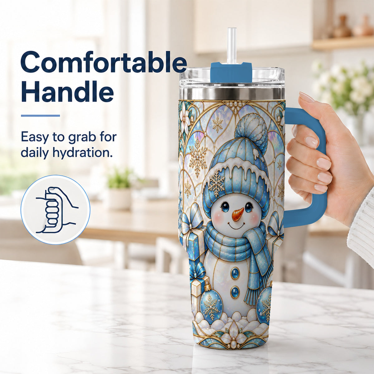#pl[40oz|Blue] Blue Snowman 40oz Tumbler with Handle, Winter Stainless Steel Travel Cup