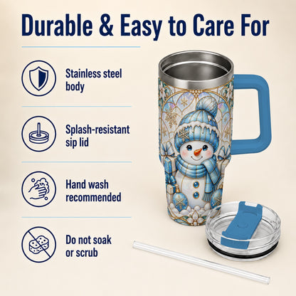 #pl[40oz|Blue] Blue Snowman 40oz Tumbler with Handle, Winter Stainless Steel Travel Cup