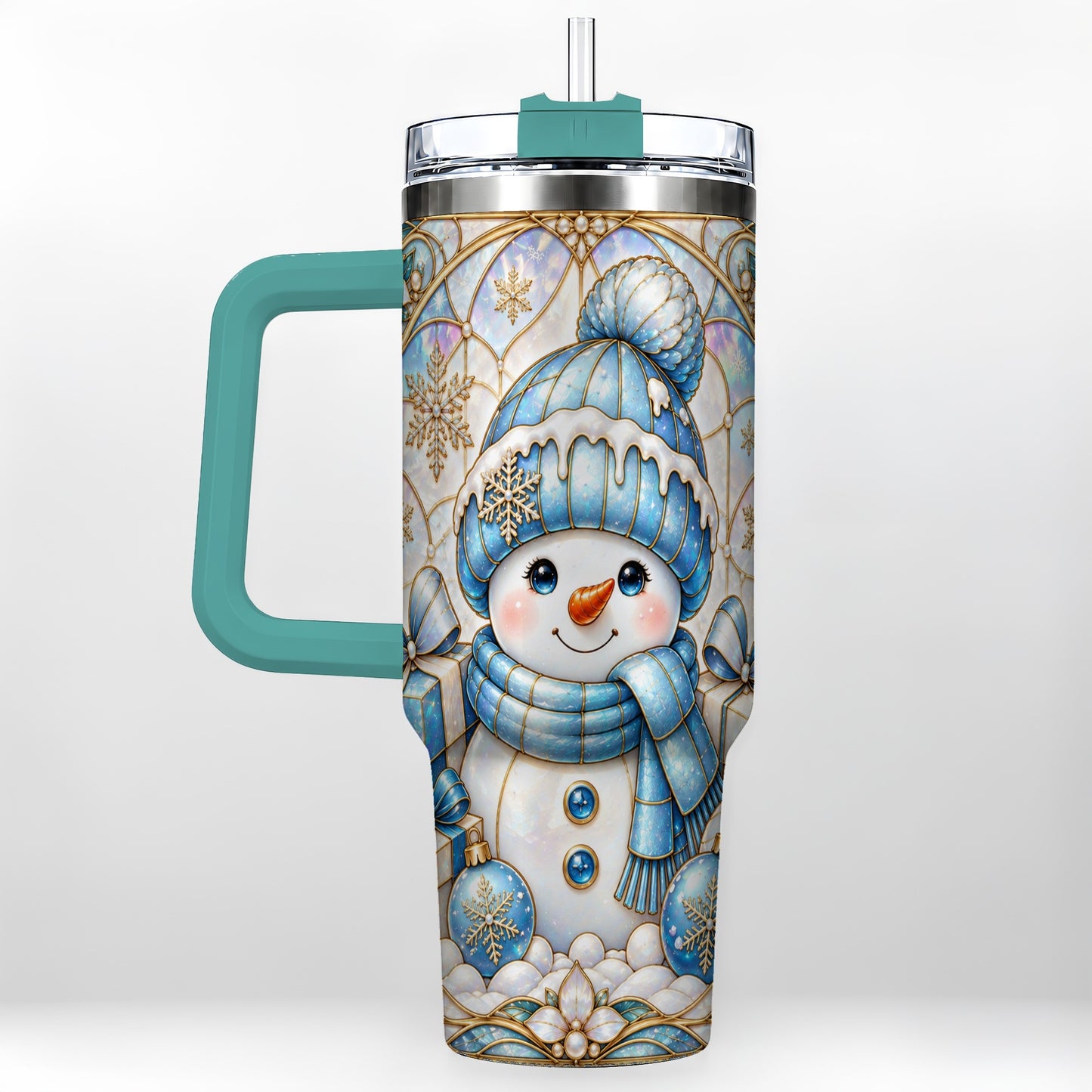 #pl[40oz|Green] Blue Snowman 40oz Tumbler with Handle, Winter Stainless Steel Travel Cup
