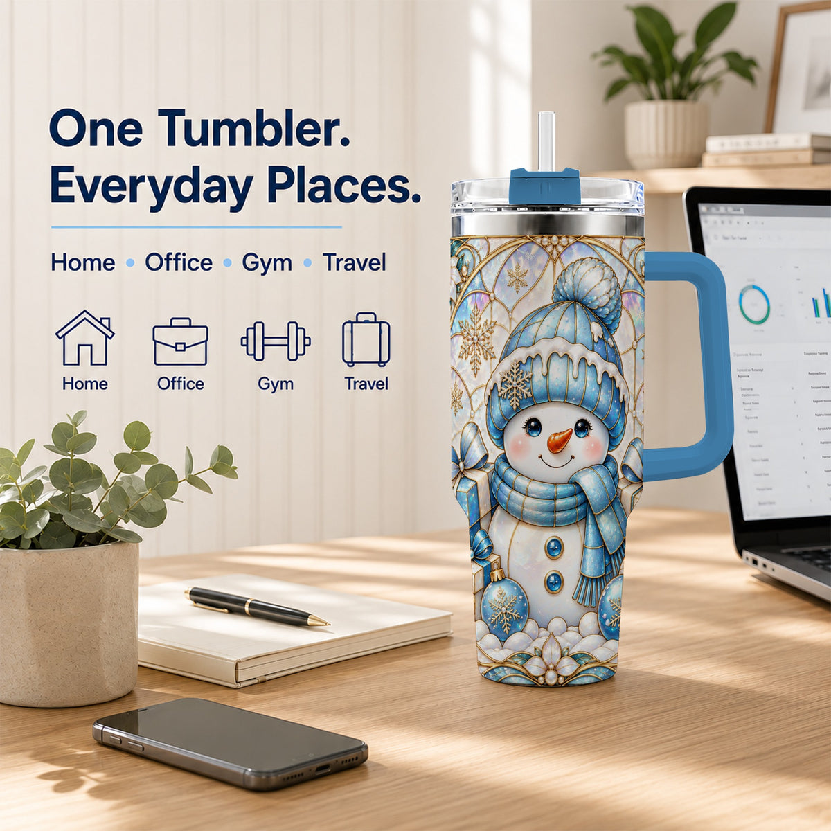 #pl[40oz|Blue] Blue Snowman 40oz Tumbler with Handle, Winter Stainless Steel Travel Cup