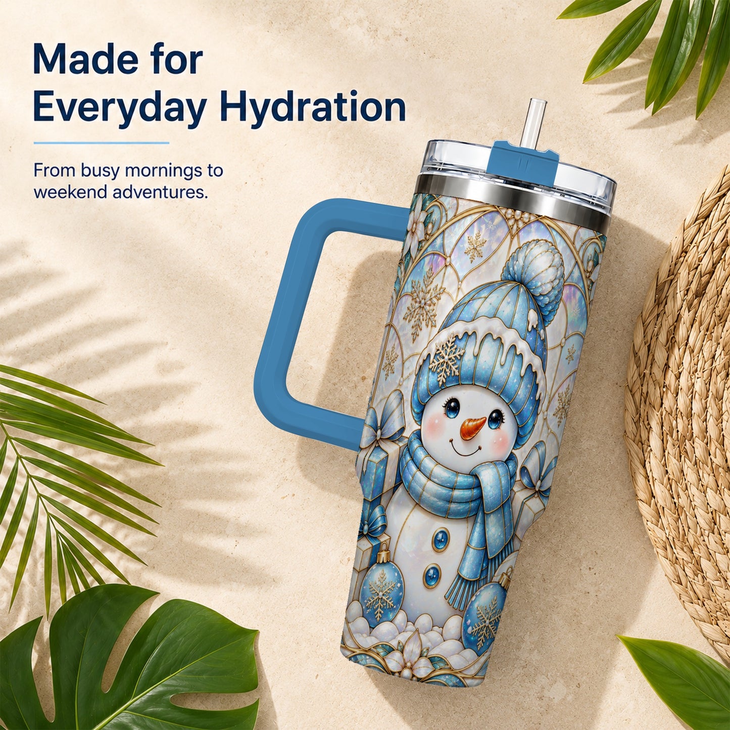 #pl[40oz|Blue] Blue Snowman 40oz Tumbler with Handle, Winter Stainless Steel Travel Cup