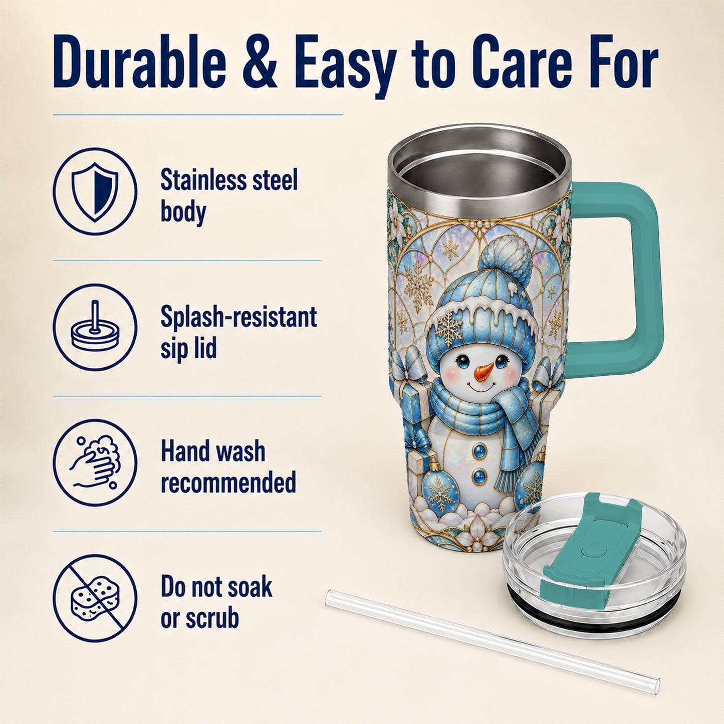 #pl[40oz|Green] Blue Snowman 40oz Tumbler with Handle, Winter Stainless Steel Travel Cup