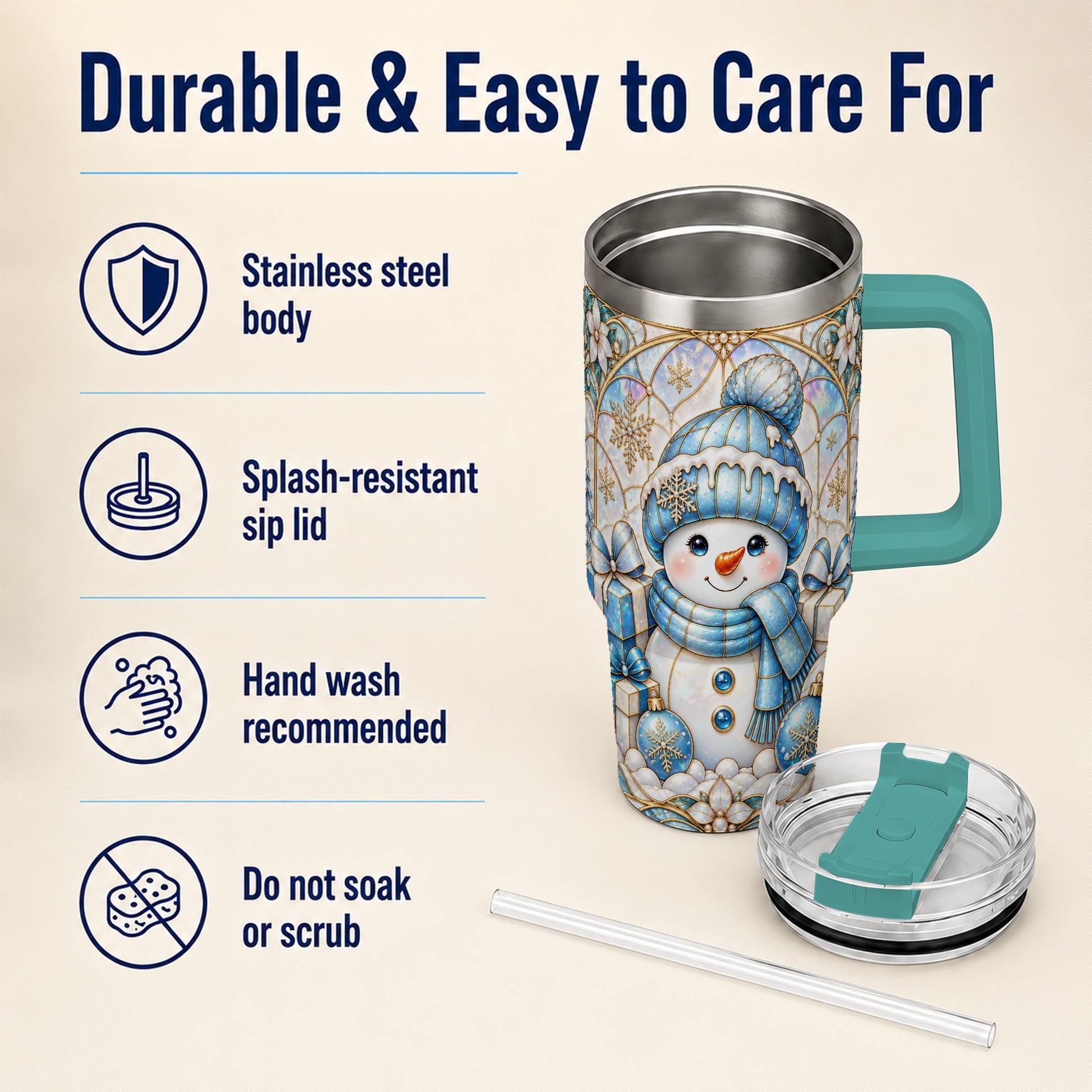 #pl[40oz|Green] Blue Snowman 40oz Tumbler with Handle, Winter Stainless Steel Travel Cup