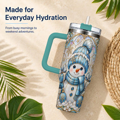 #pl[40oz|Green] Blue Snowman 40oz Tumbler with Handle, Winter Stainless Steel Travel Cup