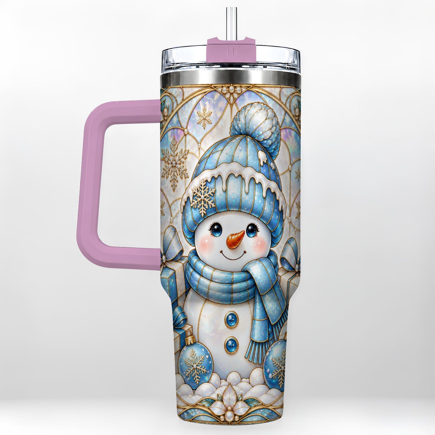 #pl[40oz|Pink] Blue Snowman 40oz Tumbler with Handle, Winter Stainless Steel Travel Cup