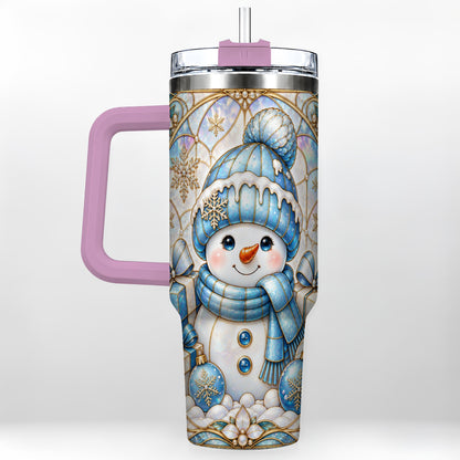 #pl[40oz|Pink] Blue Snowman 40oz Tumbler with Handle, Winter Stainless Steel Travel Cup