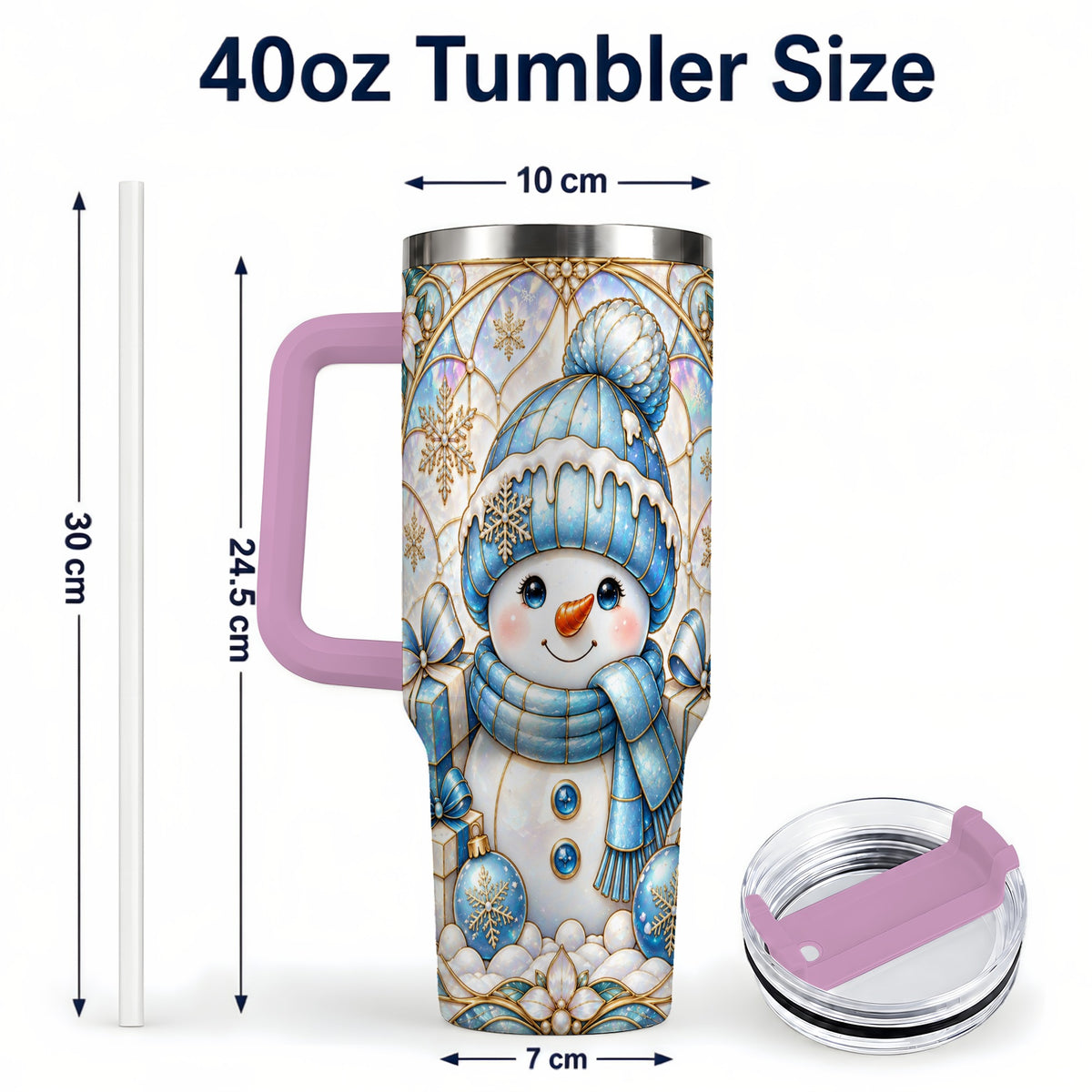 #pl[40oz|Pink] Blue Snowman 40oz Tumbler with Handle, Winter Stainless Steel Travel Cup