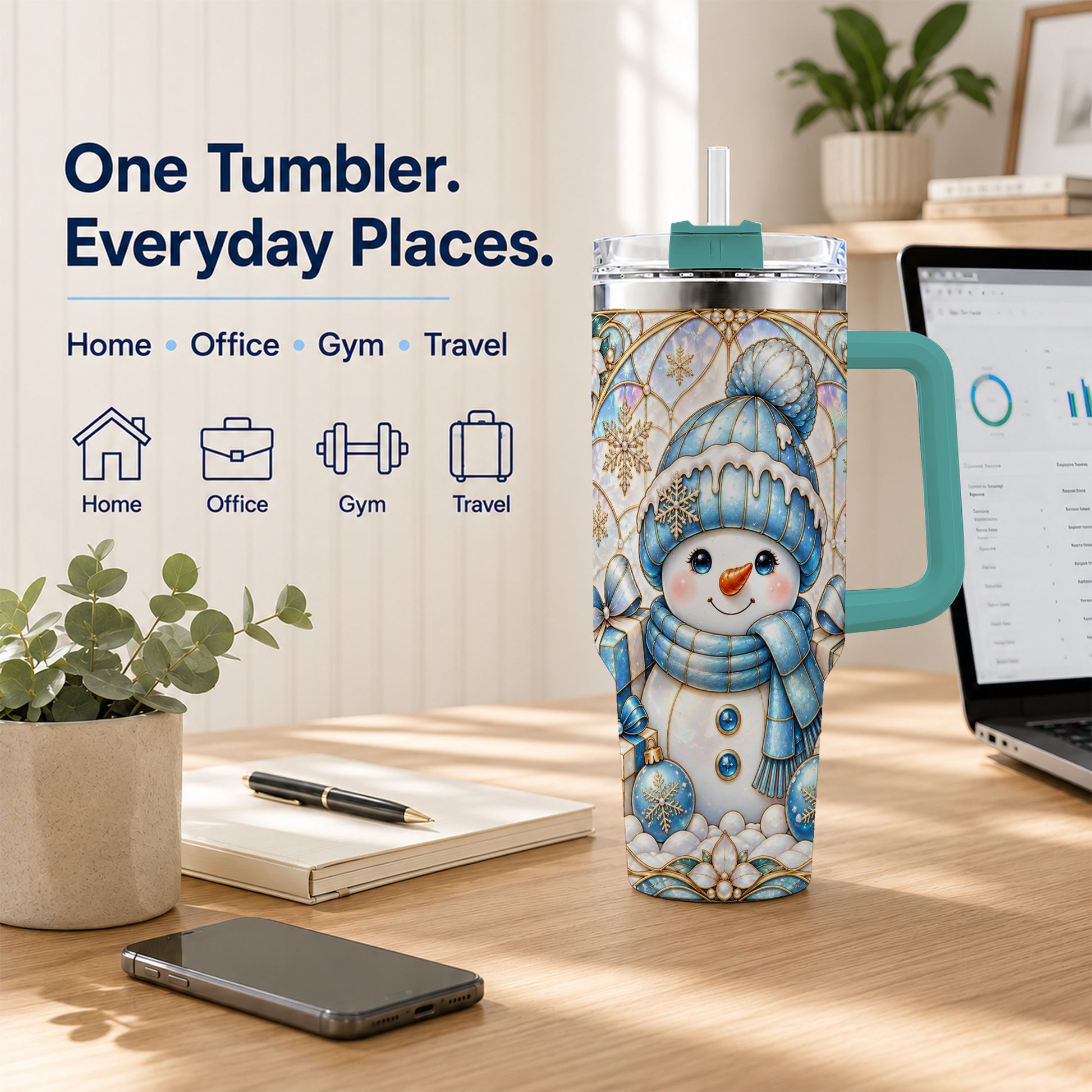 #pl[40oz|Green] Blue Snowman 40oz Tumbler with Handle, Winter Stainless Steel Travel Cup