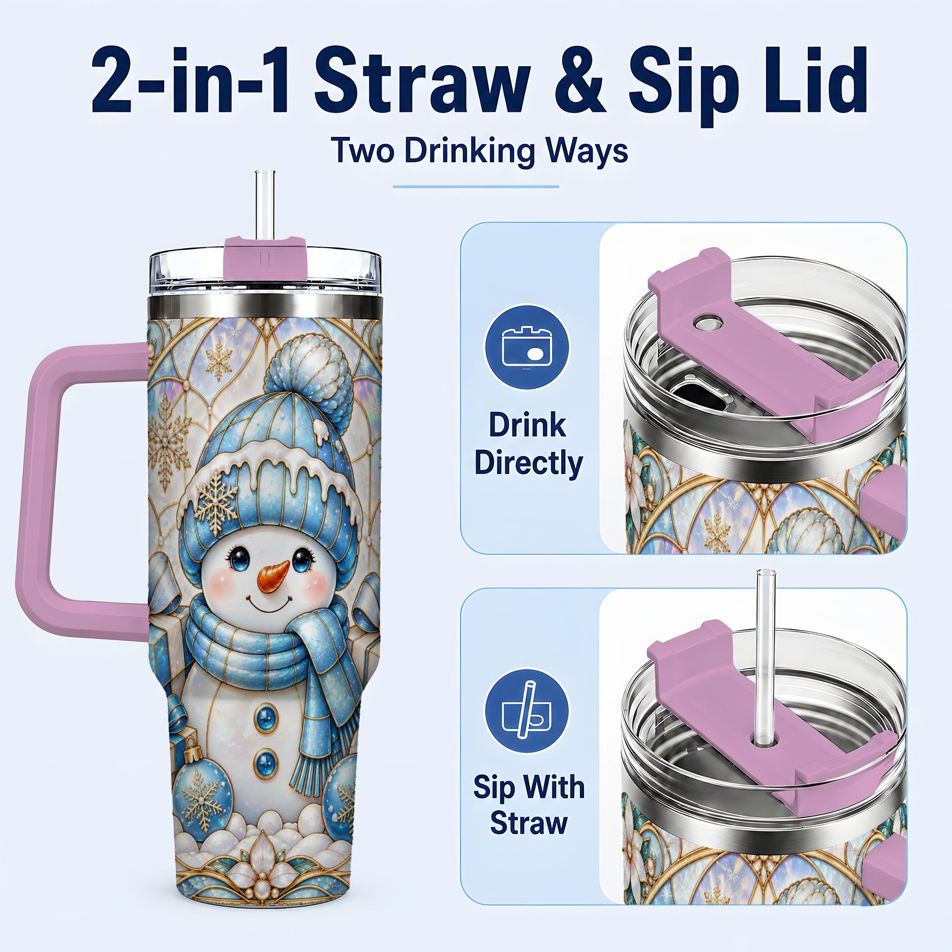 #pl[40oz|Pink] Blue Snowman 40oz Tumbler with Handle, Winter Stainless Steel Travel Cup