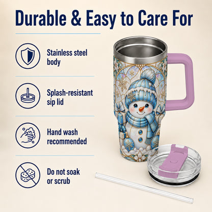 #pl[40oz|Pink] Blue Snowman 40oz Tumbler with Handle, Winter Stainless Steel Travel Cup