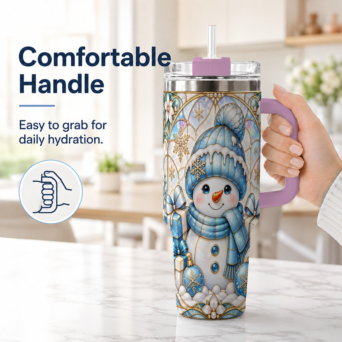 #pl[40oz|Pink] Blue Snowman 40oz Tumbler with Handle, Winter Stainless Steel Travel Cup