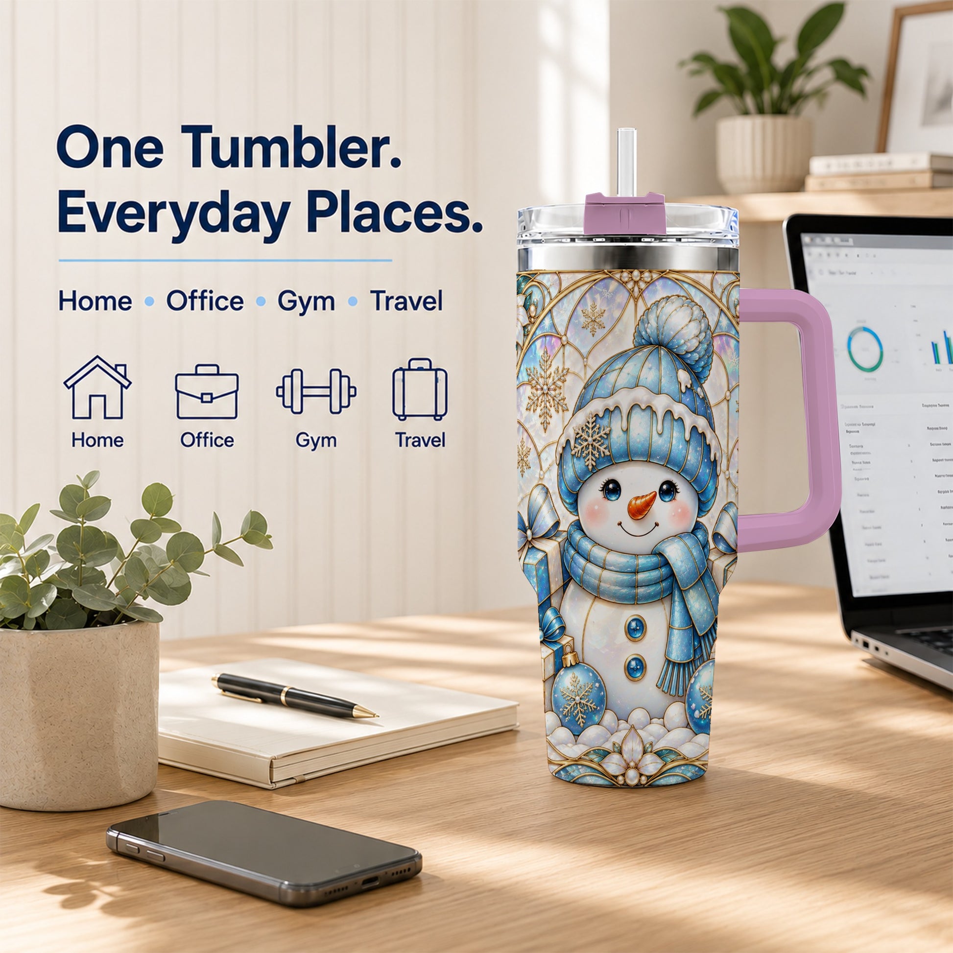 #pl[40oz|Pink] Blue Snowman 40oz Tumbler with Handle, Winter Stainless Steel Travel Cup