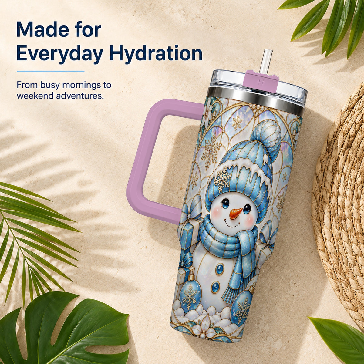 #pl[40oz|Pink] Blue Snowman 40oz Tumbler with Handle, Winter Stainless Steel Travel Cup