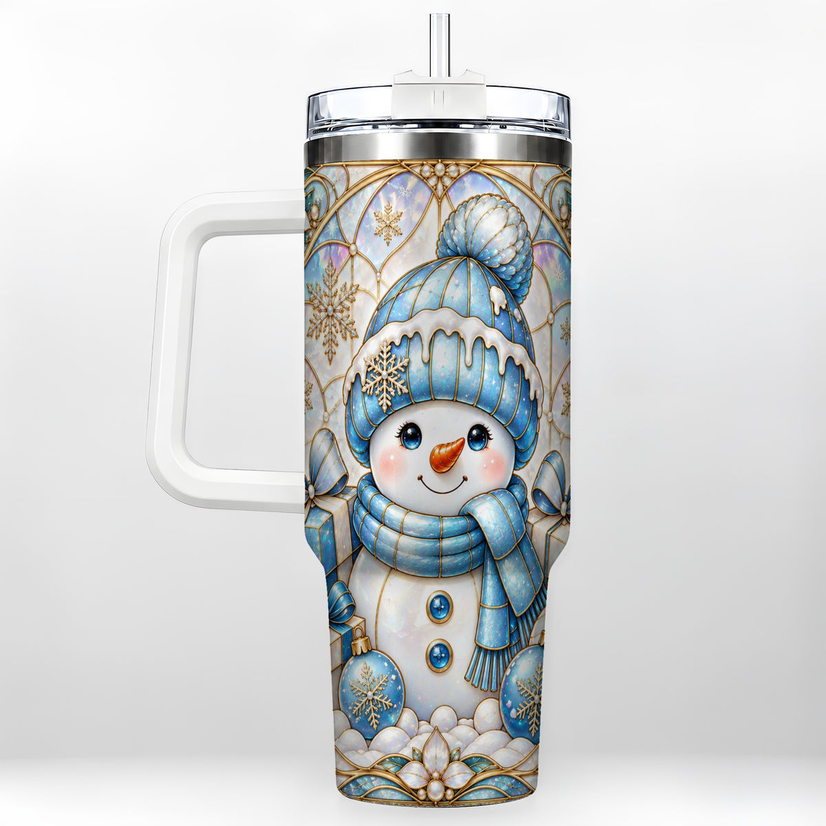 Blue Snowman 40oz Tumbler with Handle, Winter Stainless Steel Travel Cup