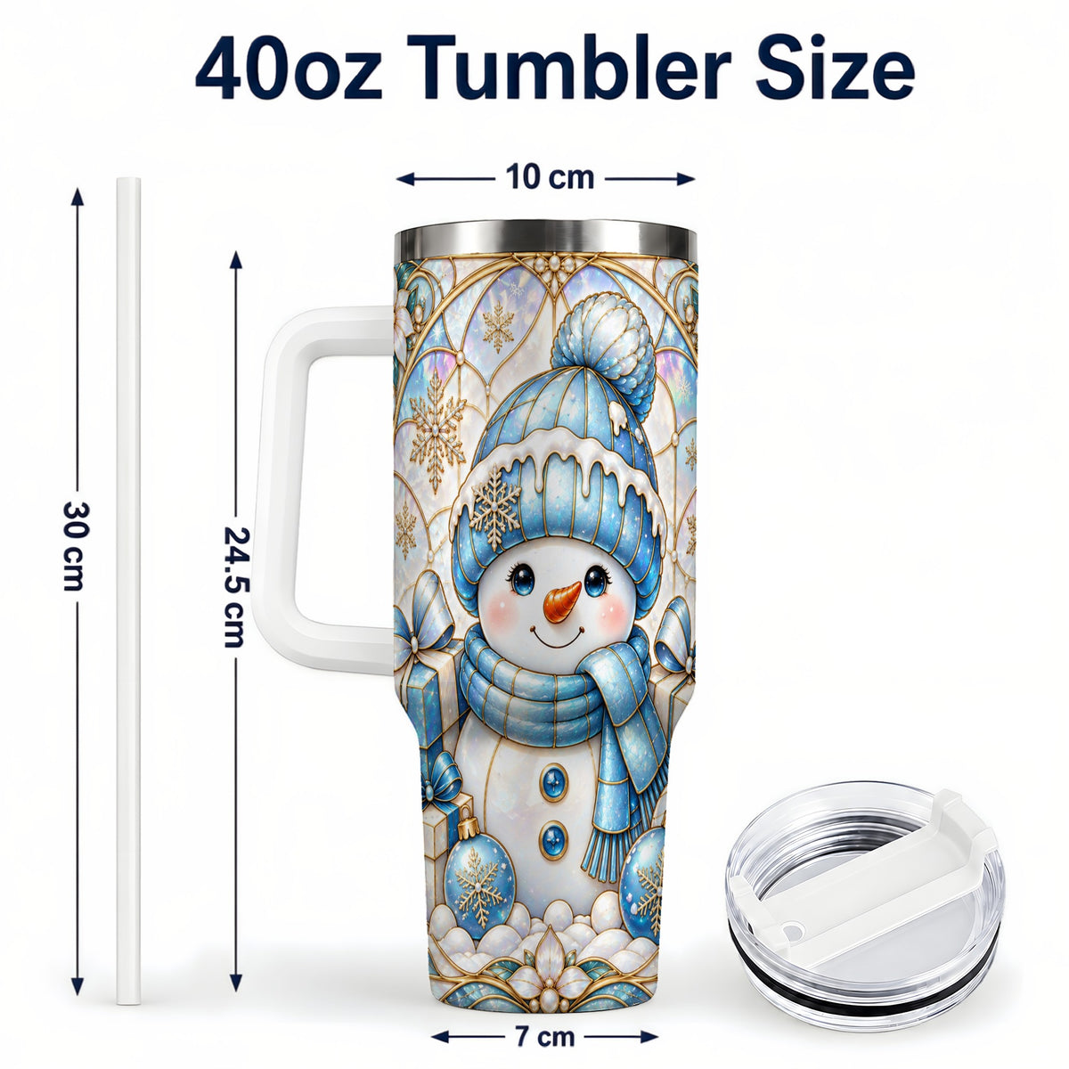 #pl[40oz|White] Blue Snowman 40oz Tumbler with Handle, Winter Stainless Steel Travel Cup