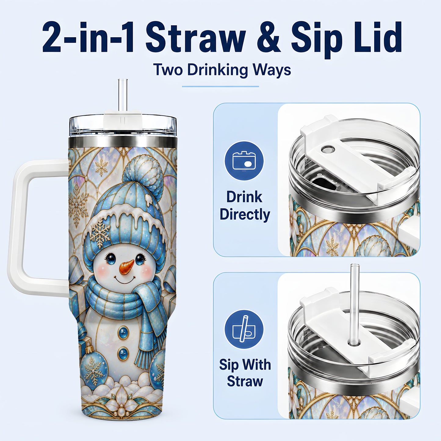 #pl[40oz|White] Blue Snowman 40oz Tumbler with Handle, Winter Stainless Steel Travel Cup