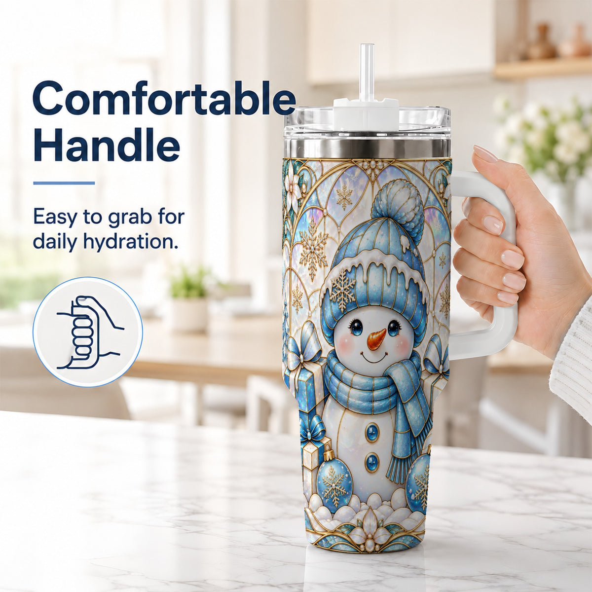#pl[40oz|White] Blue Snowman 40oz Tumbler with Handle, Winter Stainless Steel Travel Cup