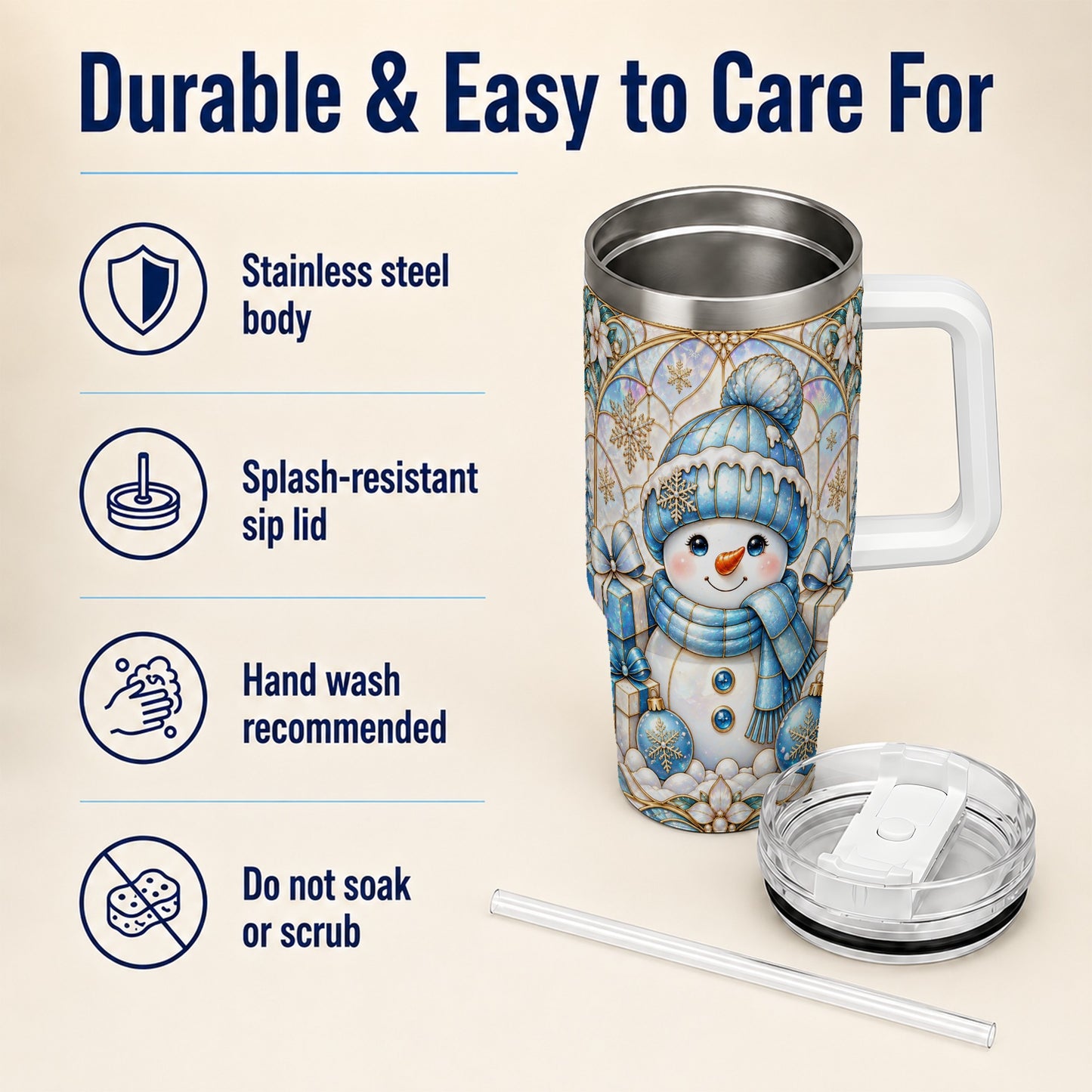 #pl[40oz|White] Blue Snowman 40oz Tumbler with Handle, Winter Stainless Steel Travel Cup