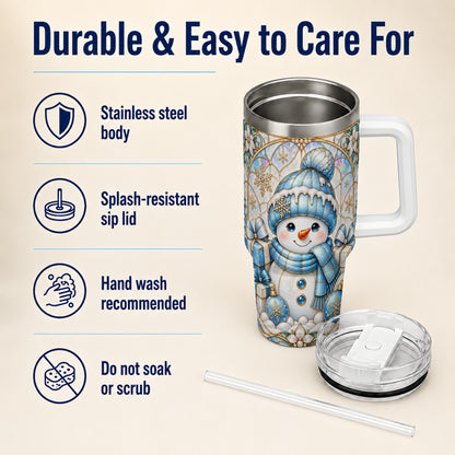#pl[40oz|White] Blue Snowman 40oz Tumbler with Handle, Winter Stainless Steel Travel Cup