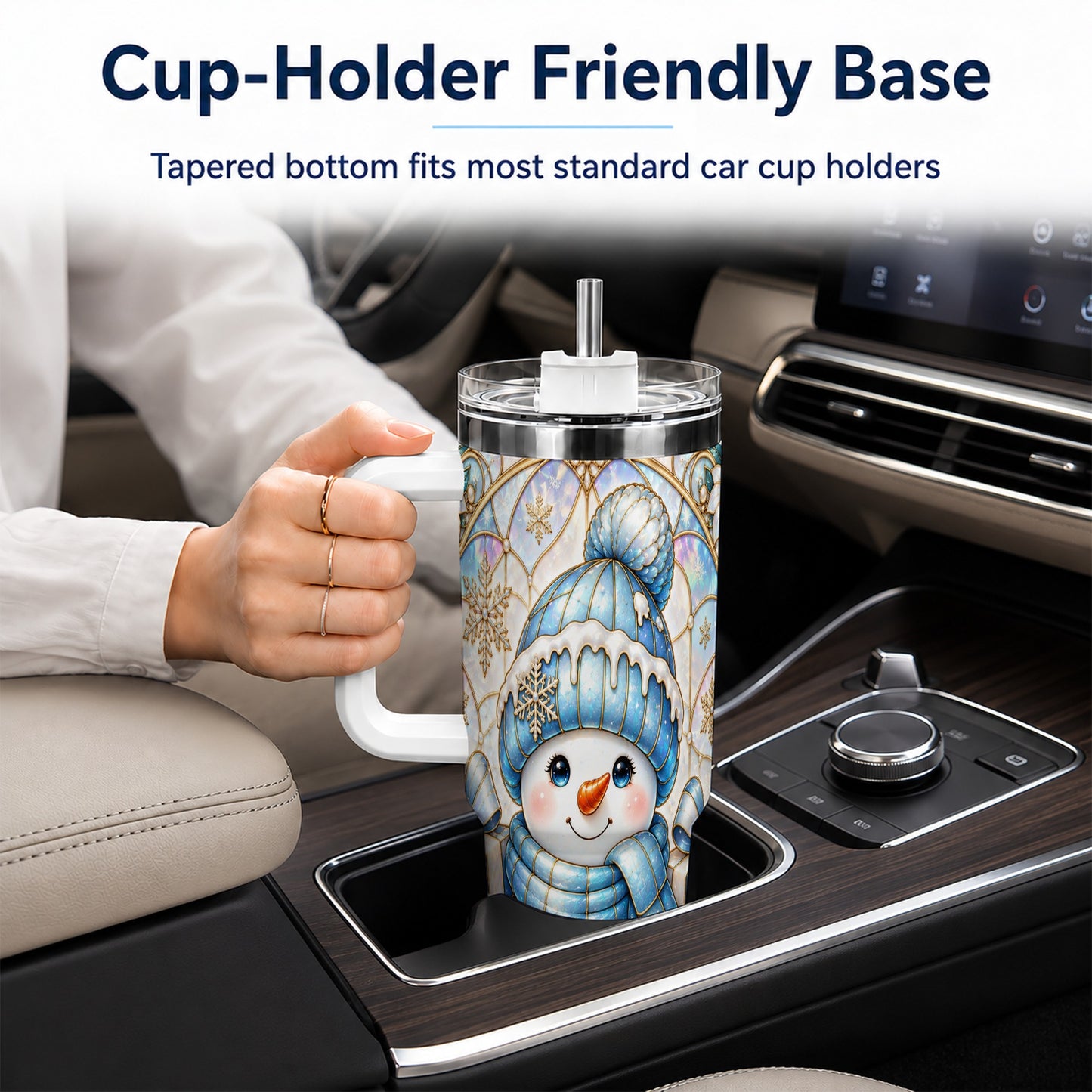 #pl[40oz|White] Blue Snowman 40oz Tumbler with Handle, Winter Stainless Steel Travel Cup