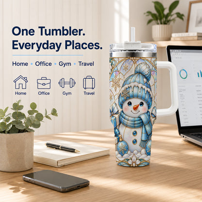#pl[40oz|White] Blue Snowman 40oz Tumbler with Handle, Winter Stainless Steel Travel Cup