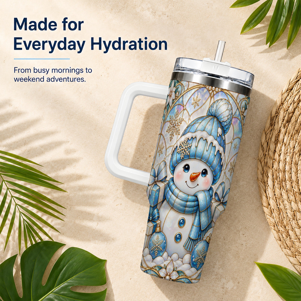 #pl[40oz|White] Blue Snowman 40oz Tumbler with Handle, Winter Stainless Steel Travel Cup