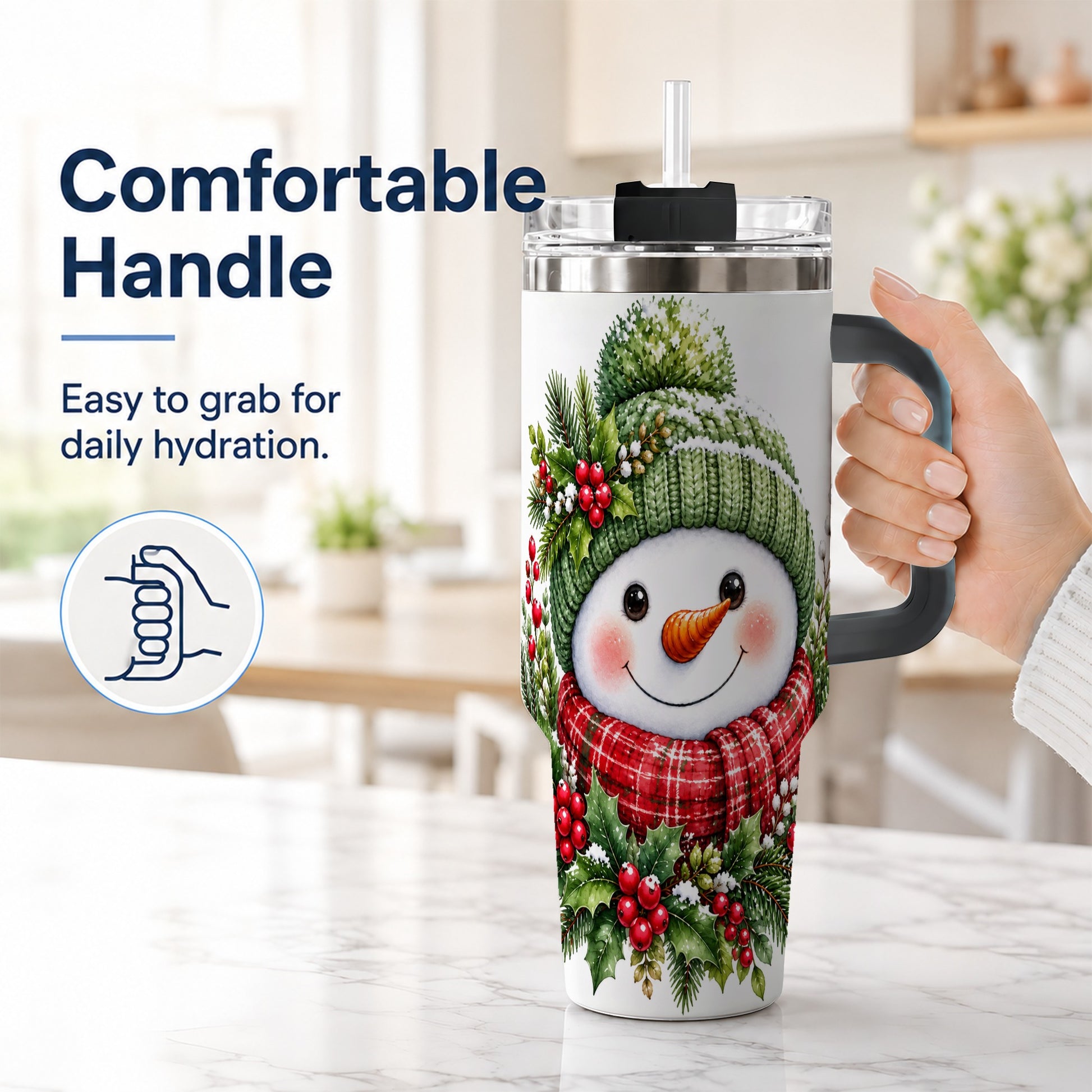 #pl[40oz|Black] Snowman 40oz Tumbler with Handle, Christmas Stainless Steel Travel Cup