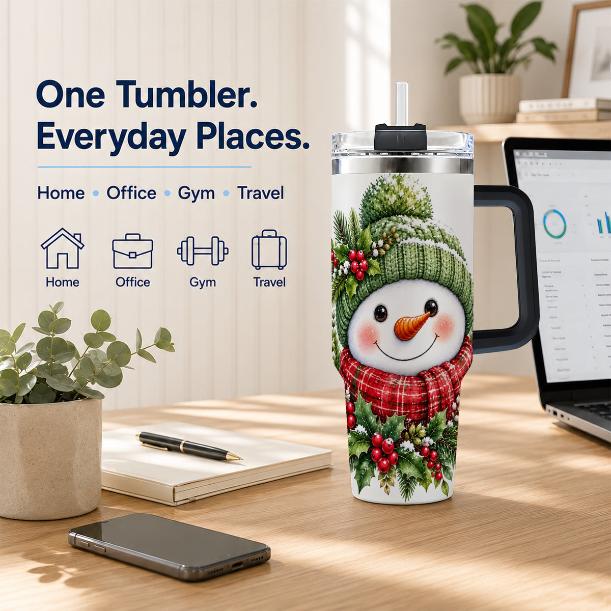 #pl[40oz|Black] Snowman 40oz Tumbler with Handle, Christmas Stainless Steel Travel Cup