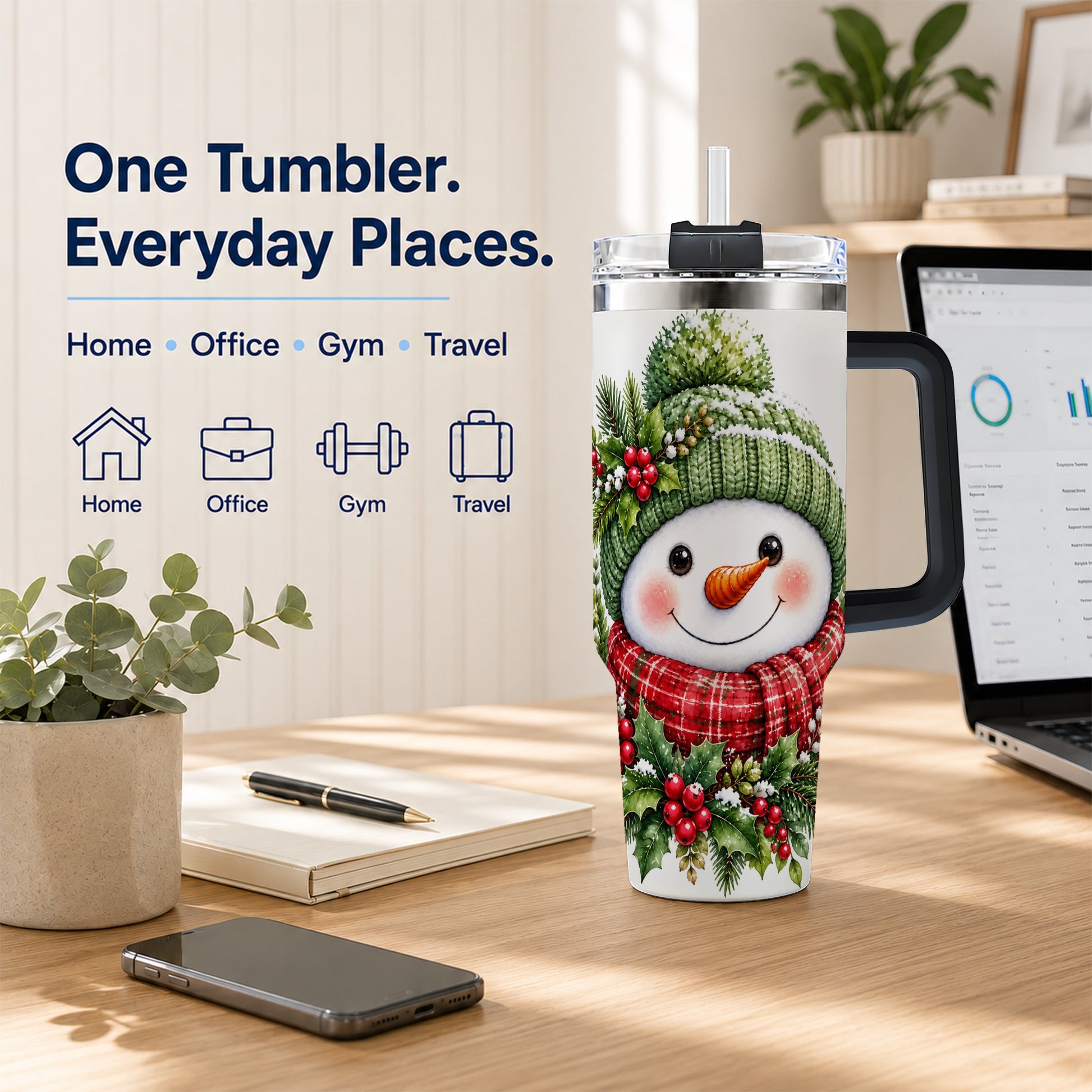 #pl[40oz|Black] Snowman 40oz Tumbler with Handle, Christmas Stainless Steel Travel Cup