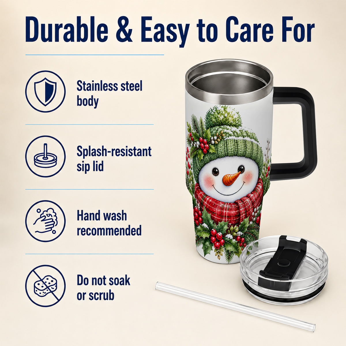 #pl[40oz|Black] Snowman 40oz Tumbler with Handle, Christmas Stainless Steel Travel Cup