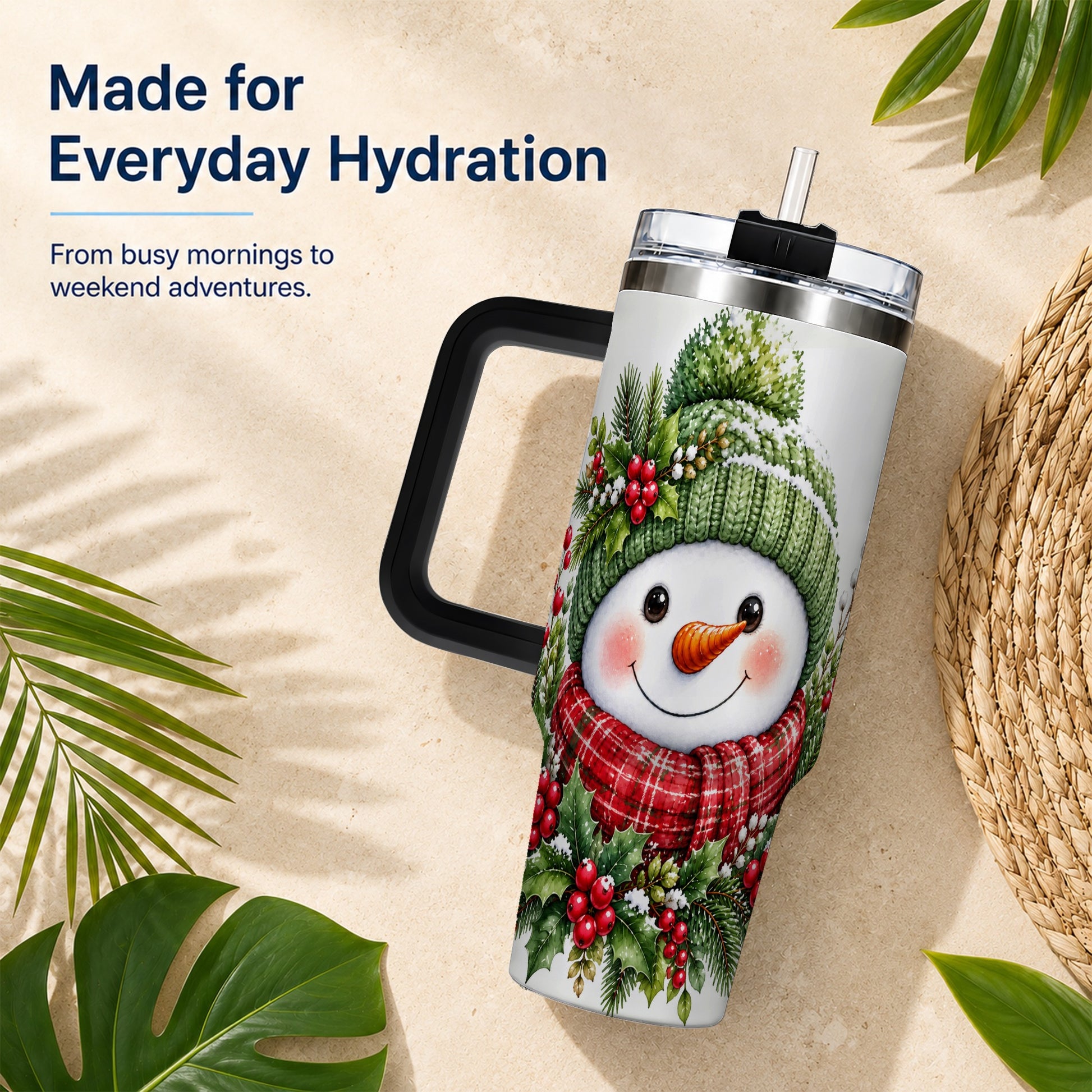 #pl[40oz|Black] Snowman 40oz Tumbler with Handle, Christmas Stainless Steel Travel Cup
