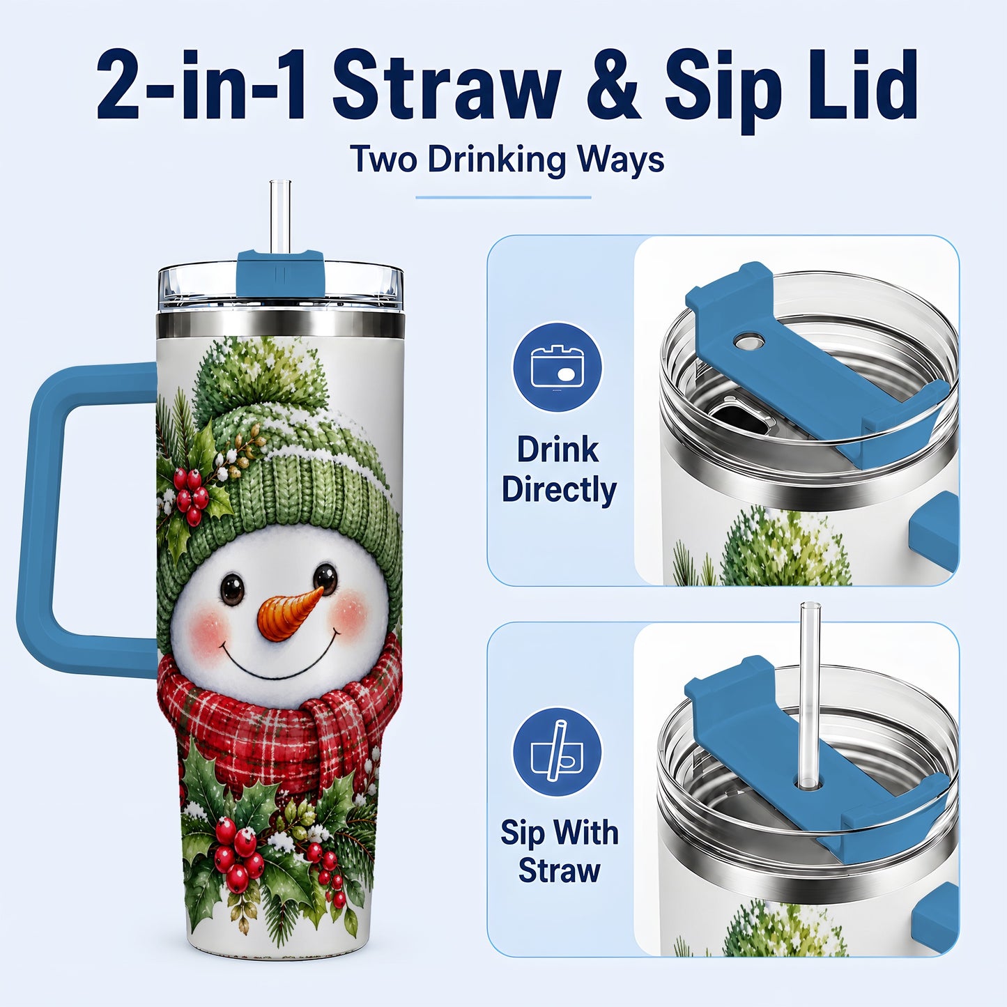 #pl[40oz|Blue] Snowman 40oz Tumbler with Handle, Christmas Stainless Steel Travel Cup
