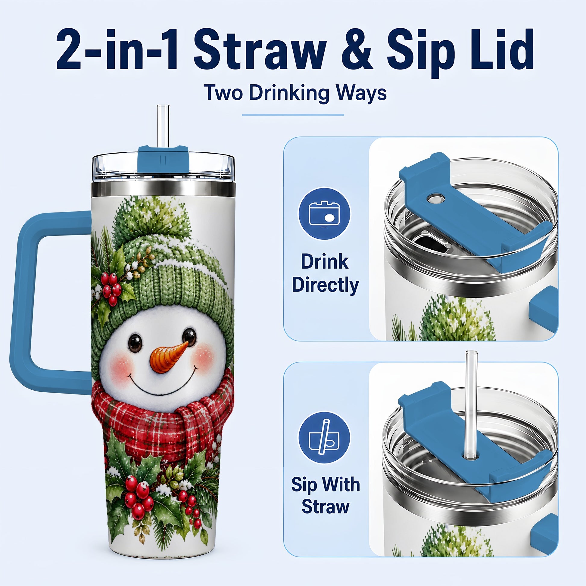 #pl[40oz|Blue] Snowman 40oz Tumbler with Handle, Christmas Stainless Steel Travel Cup