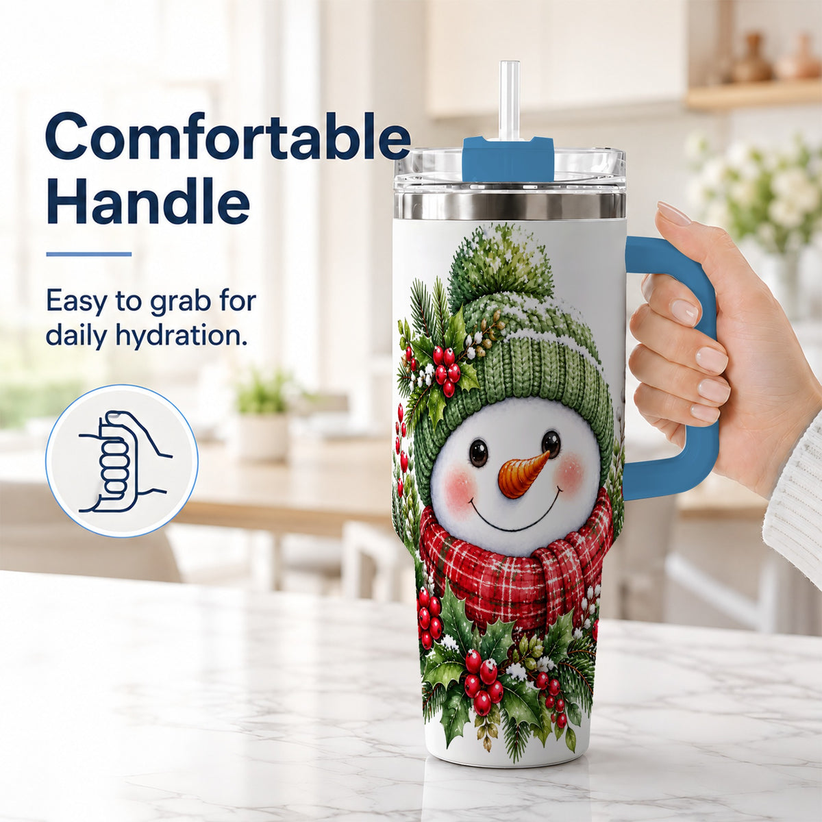 #pl[40oz|Blue] Snowman 40oz Tumbler with Handle, Christmas Stainless Steel Travel Cup