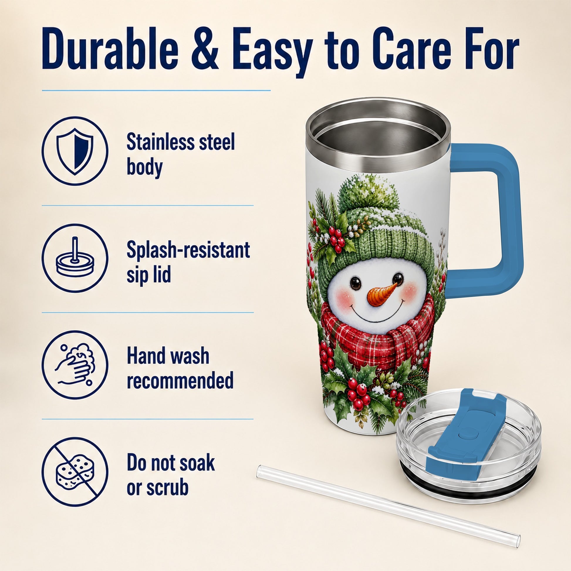 #pl[40oz|Blue] Snowman 40oz Tumbler with Handle, Christmas Stainless Steel Travel Cup