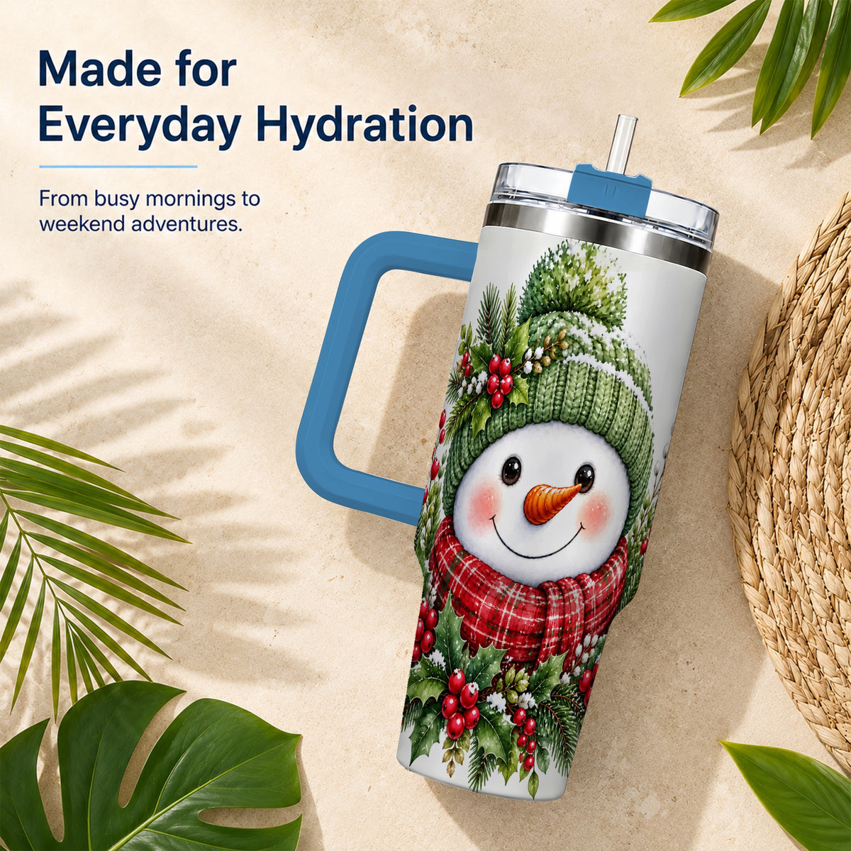 #pl[40oz|Blue] Snowman 40oz Tumbler with Handle, Christmas Stainless Steel Travel Cup