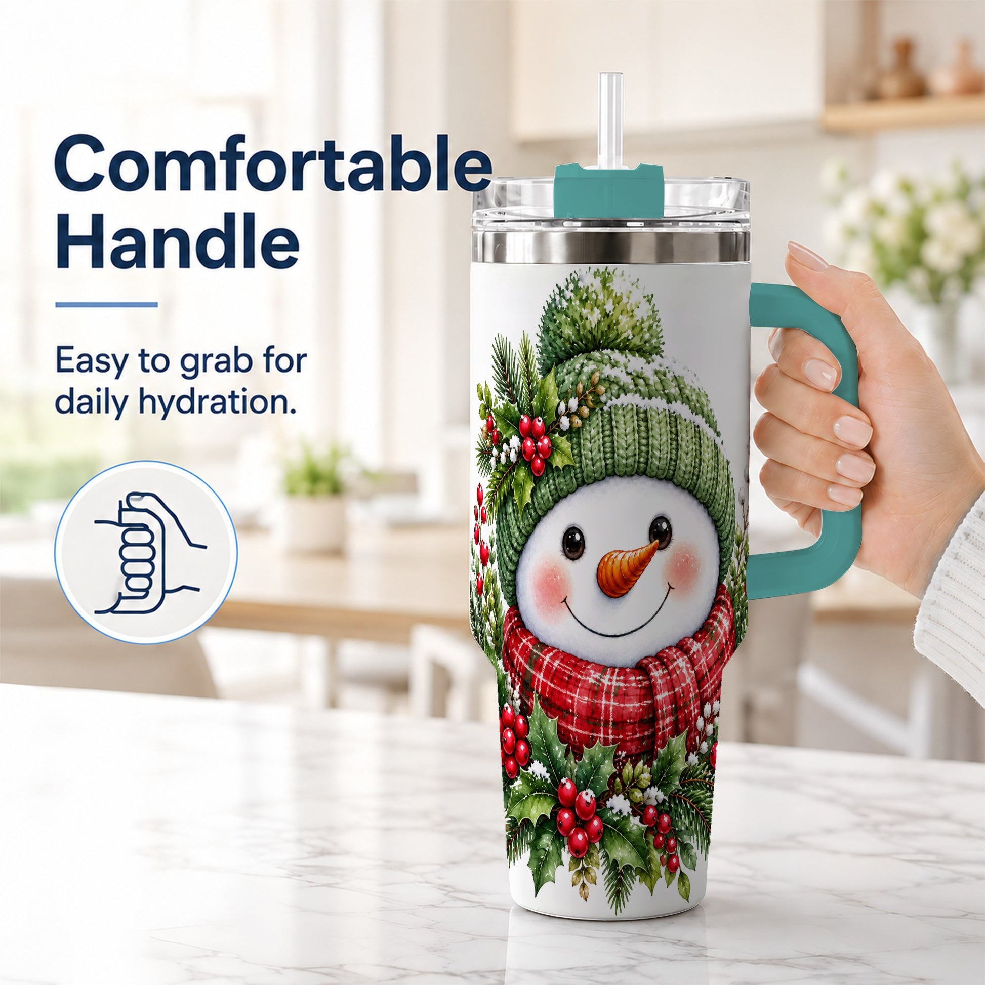 #pl[40oz|Green] Snowman 40oz Tumbler with Handle, Christmas Stainless Steel Travel Cup