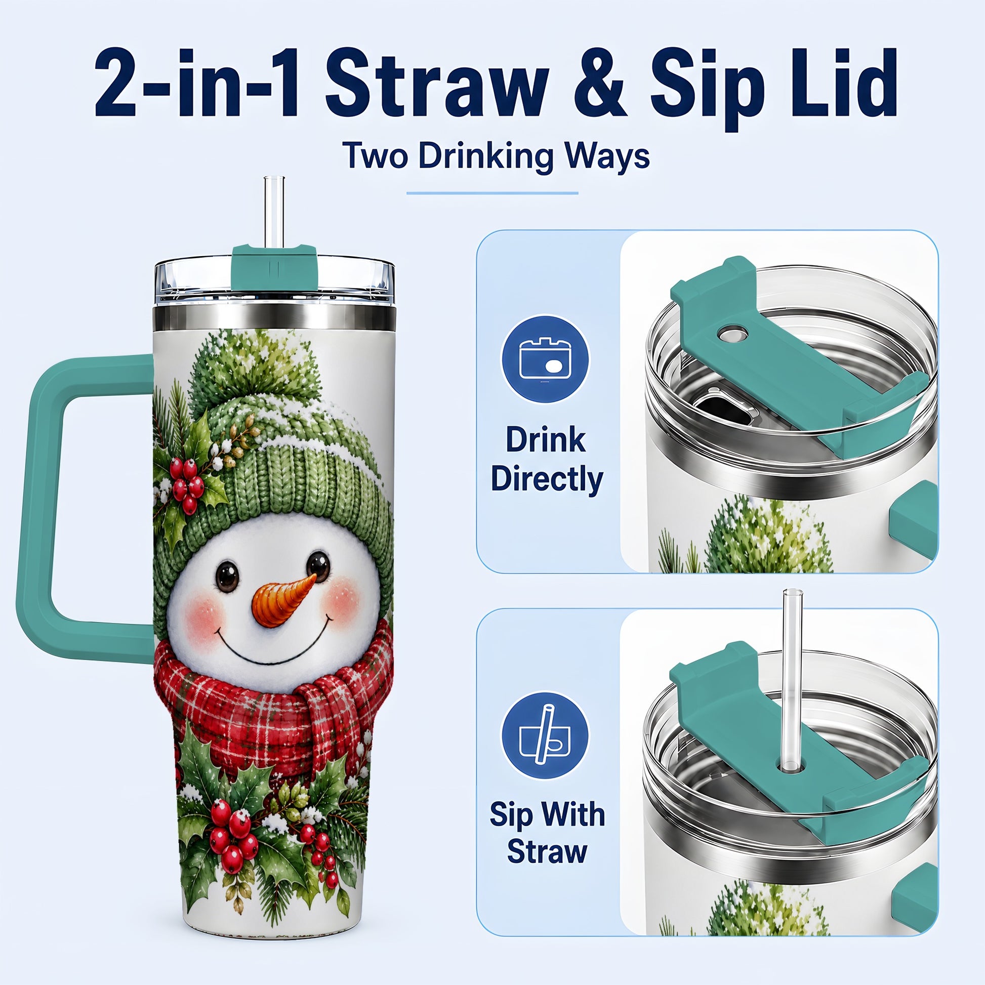 #pl[40oz|Green] Snowman 40oz Tumbler with Handle, Christmas Stainless Steel Travel Cup