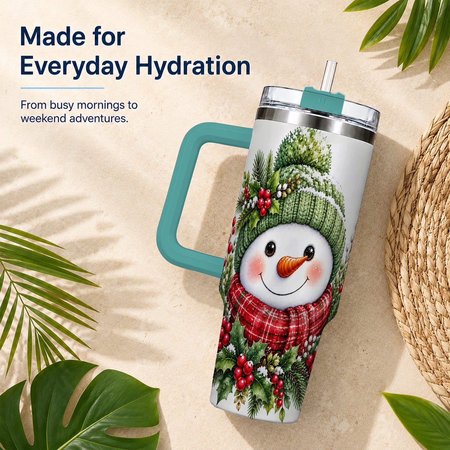 #pl[40oz|Green] Snowman 40oz Tumbler with Handle, Christmas Stainless Steel Travel Cup