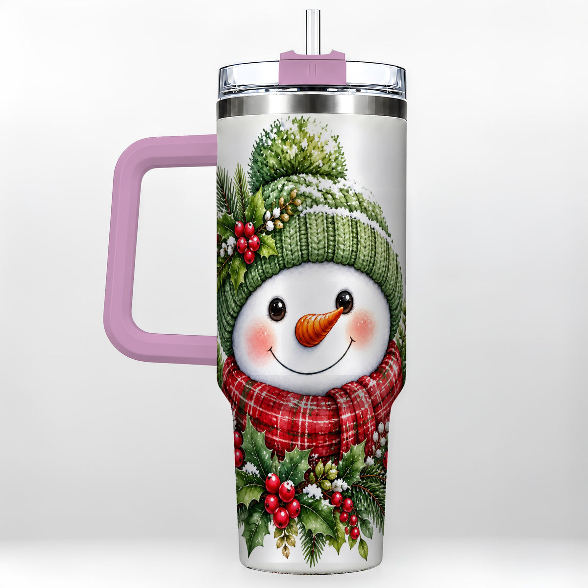 #pl[40oz|Pink] Snowman 40oz Tumbler with Handle, Christmas Stainless Steel Travel Cup