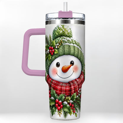 #pl[40oz|Pink] Snowman 40oz Tumbler with Handle, Christmas Stainless Steel Travel Cup