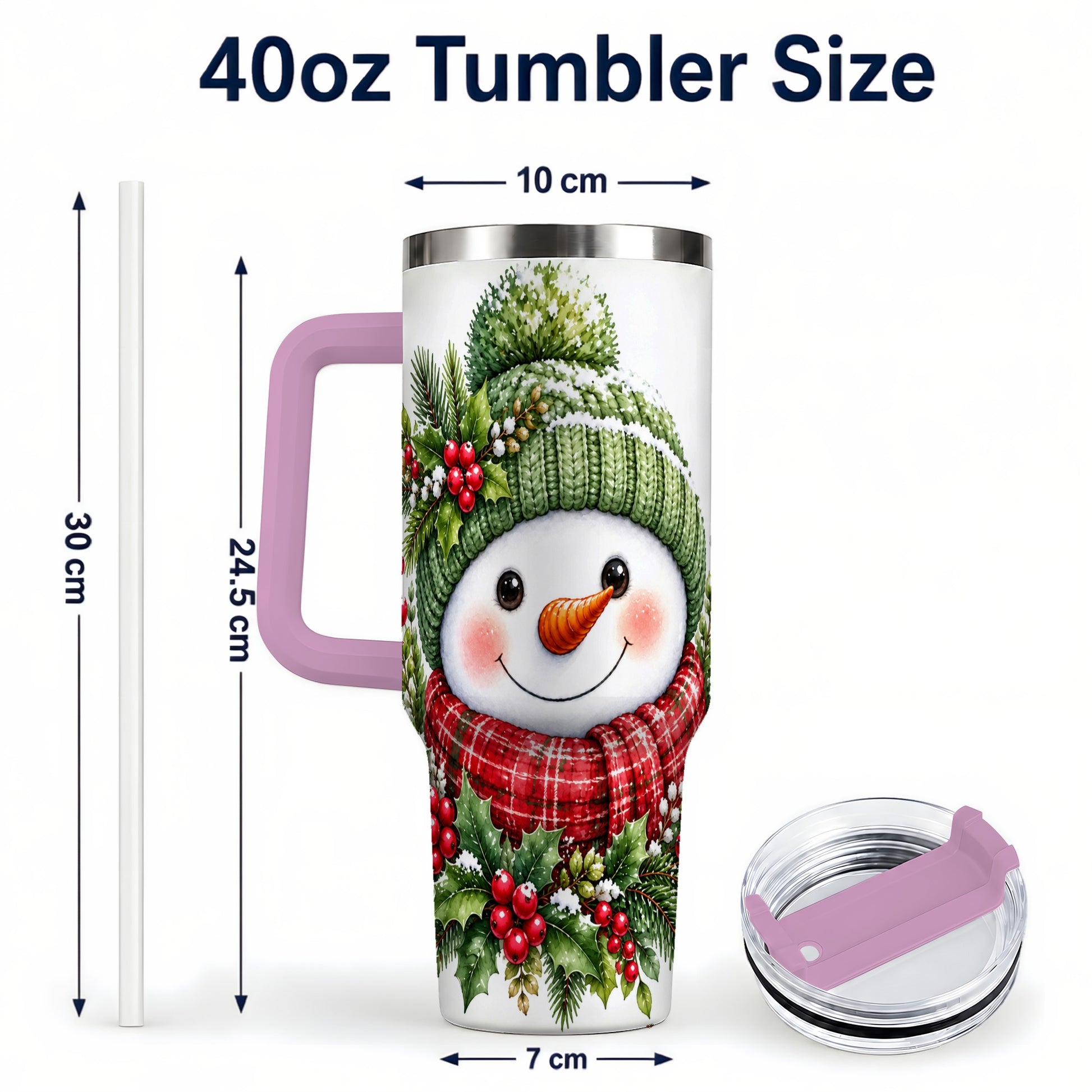 #pl[40oz|Pink] Snowman 40oz Tumbler with Handle, Christmas Stainless Steel Travel Cup