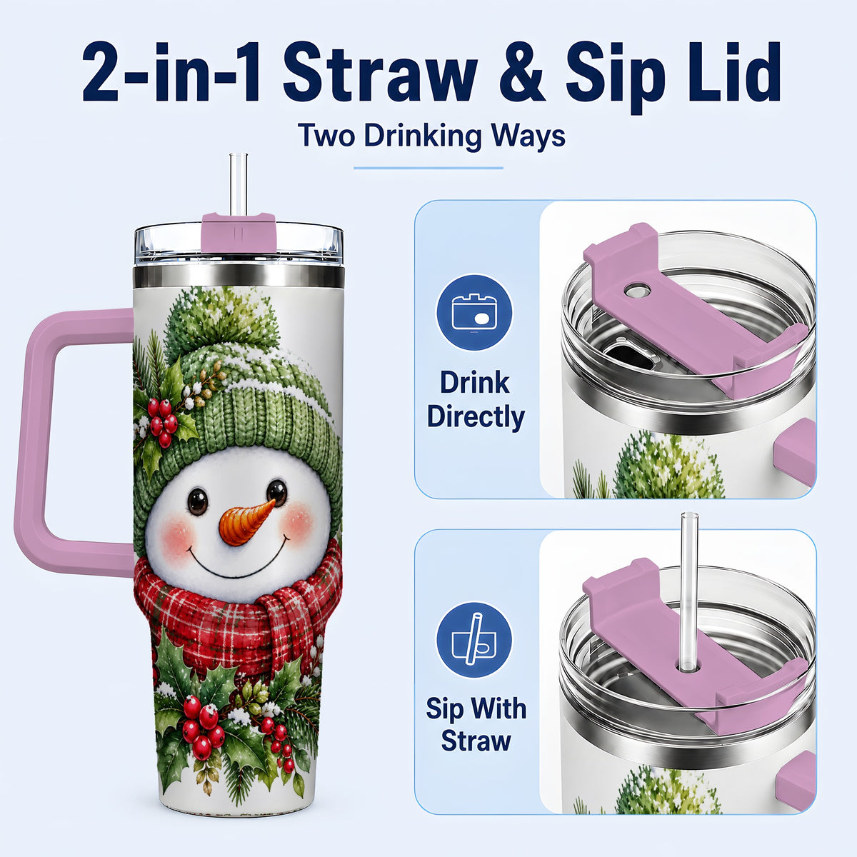 #pl[40oz|Pink] Snowman 40oz Tumbler with Handle, Christmas Stainless Steel Travel Cup