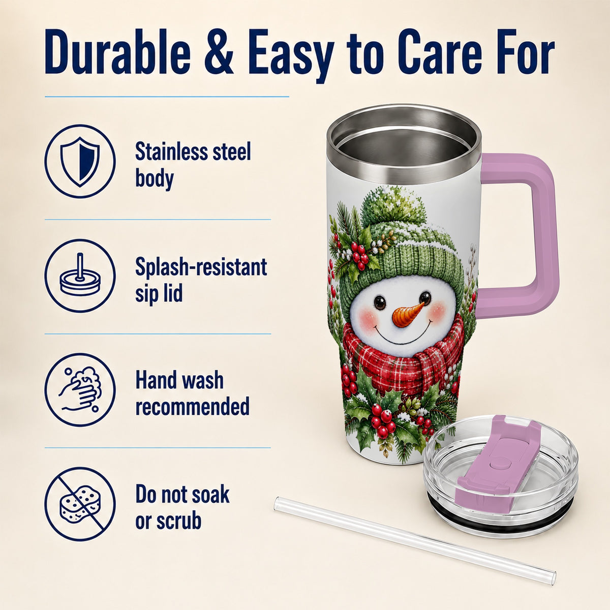 #pl[40oz|Pink] Snowman 40oz Tumbler with Handle, Christmas Stainless Steel Travel Cup