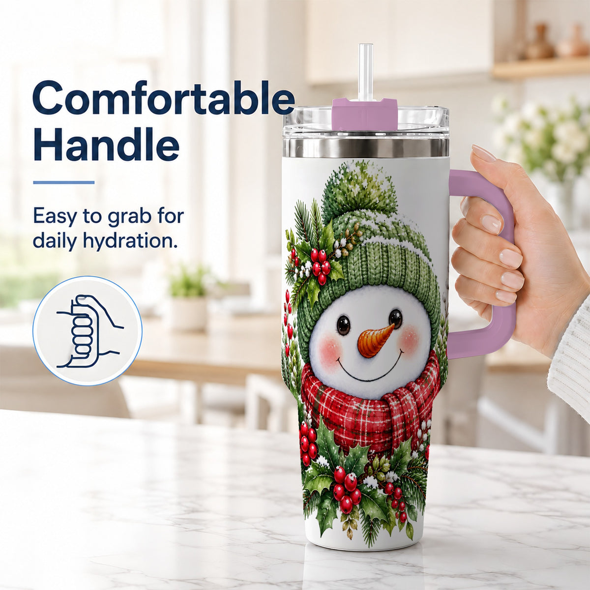 #pl[40oz|Pink] Snowman 40oz Tumbler with Handle, Christmas Stainless Steel Travel Cup