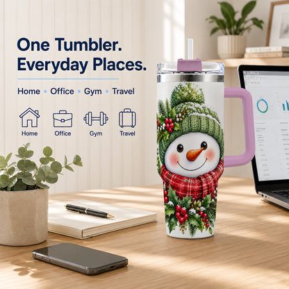#pl[40oz|Pink] Snowman 40oz Tumbler with Handle, Christmas Stainless Steel Travel Cup