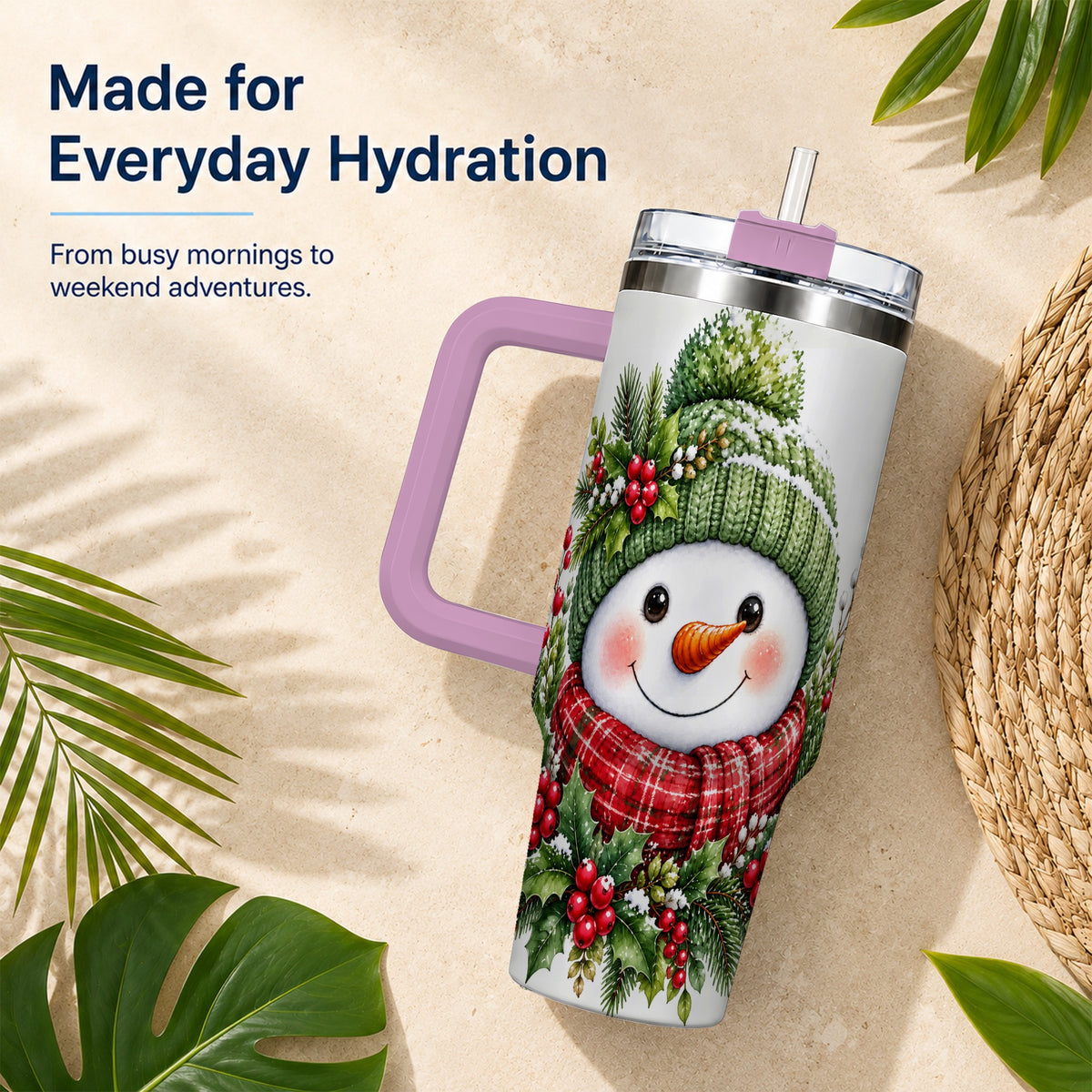 #pl[40oz|Pink] Snowman 40oz Tumbler with Handle, Christmas Stainless Steel Travel Cup