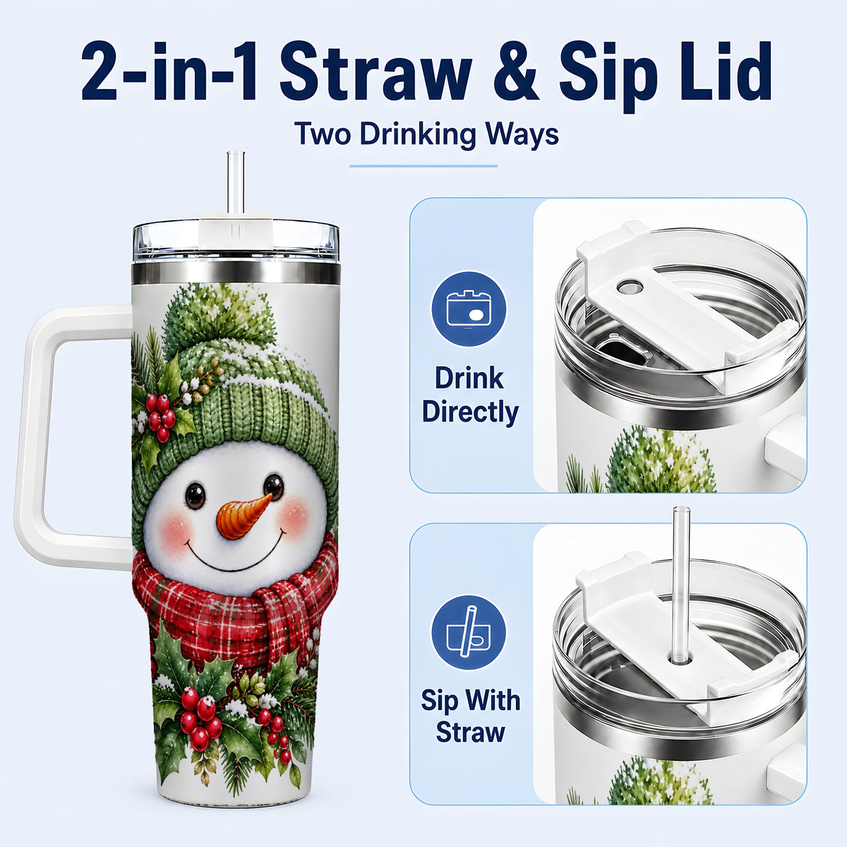 #pl[40oz|White] Snowman 40oz Tumbler with Handle, Christmas Stainless Steel Travel Cup