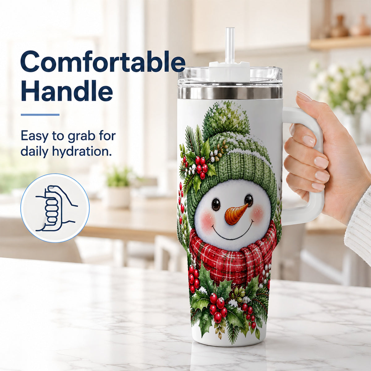 #pl[40oz|White] Snowman 40oz Tumbler with Handle, Christmas Stainless Steel Travel Cup