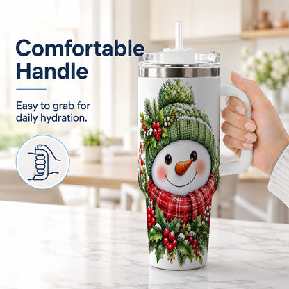 #pl[40oz|White] Snowman 40oz Tumbler with Handle, Christmas Stainless Steel Travel Cup